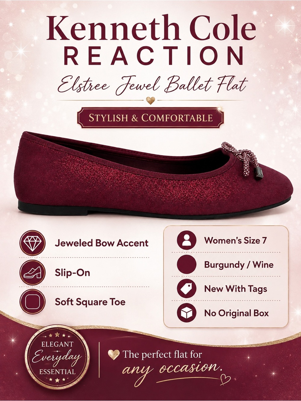 Kenneth Cole Reaction Elstree Jewel Ballet Flats Women 7 Burgundy Rhinestone NWT - Picture 3 of 16
